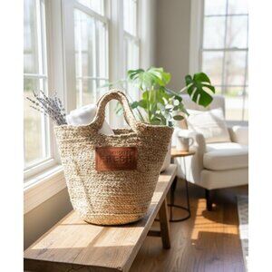 FarmHouse Fresh Woven Jute Storage Basket w/ Leather Patch – Farmhouse / Boho De